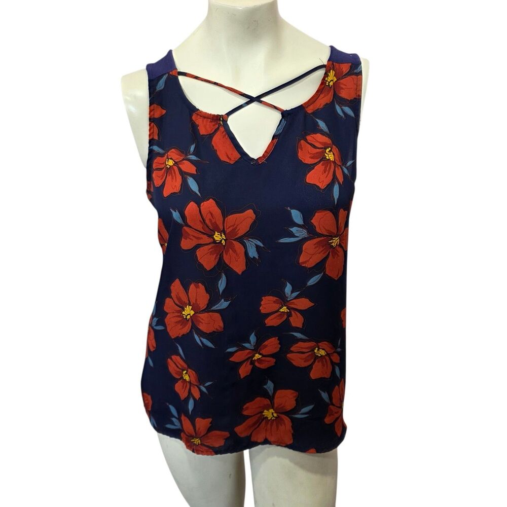 Fortune + Ivy Floral Tank Top Large Navy Red Sleeveless Criss Cross Blouse